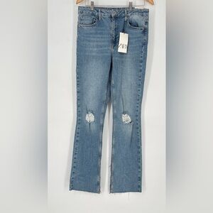 Zara High Rise Slim Flare Jeans Full Length Split Comfort Size 8 Light Wash New